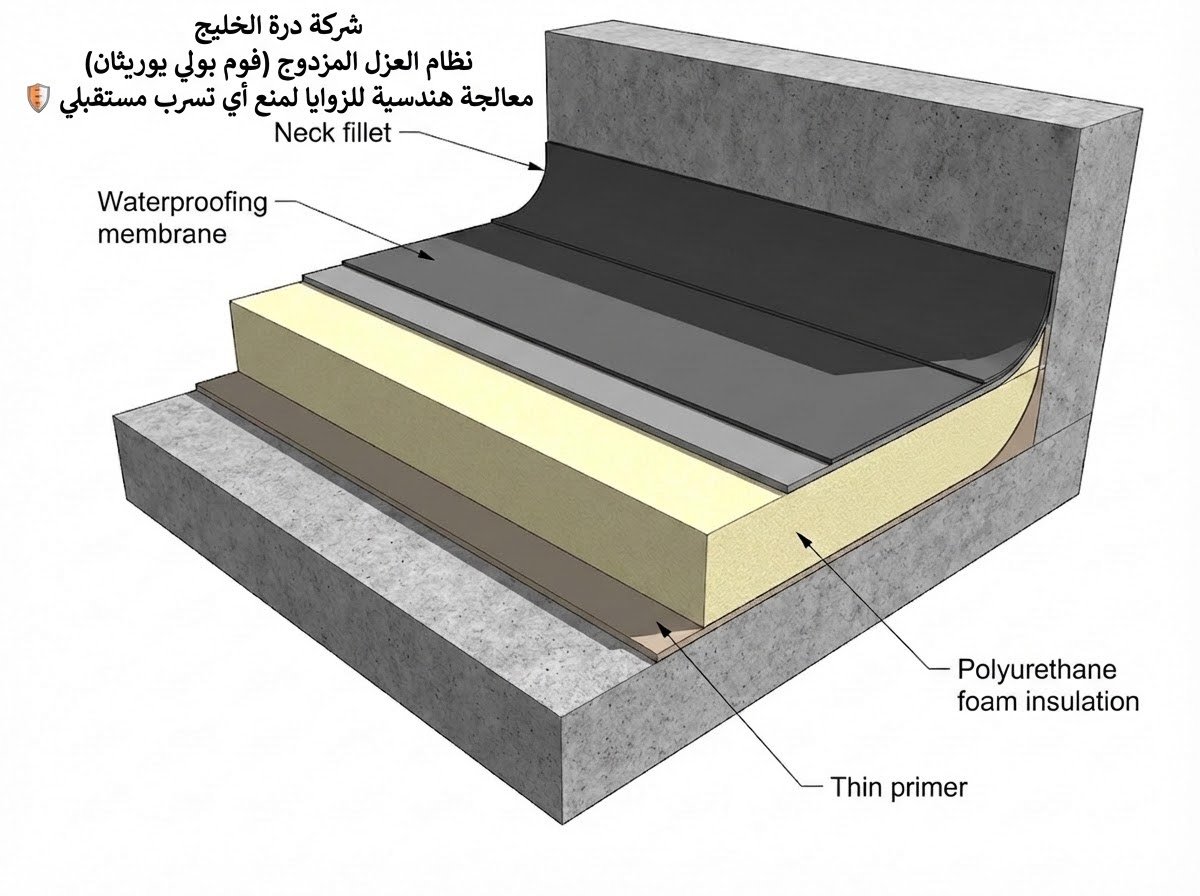 رسم توضيحي لطبقات عزل الأسطح بالفوم البولي يوريثان وتأسيس رقبة الزاوية لمنع تسرب المياه.