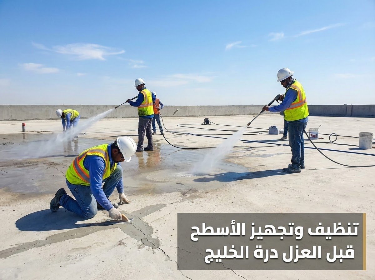 تنظيف ومعالجة تشققات الأسطح الخرسانية والمبلطة ببريدة قبل البدء بأعمال العزل