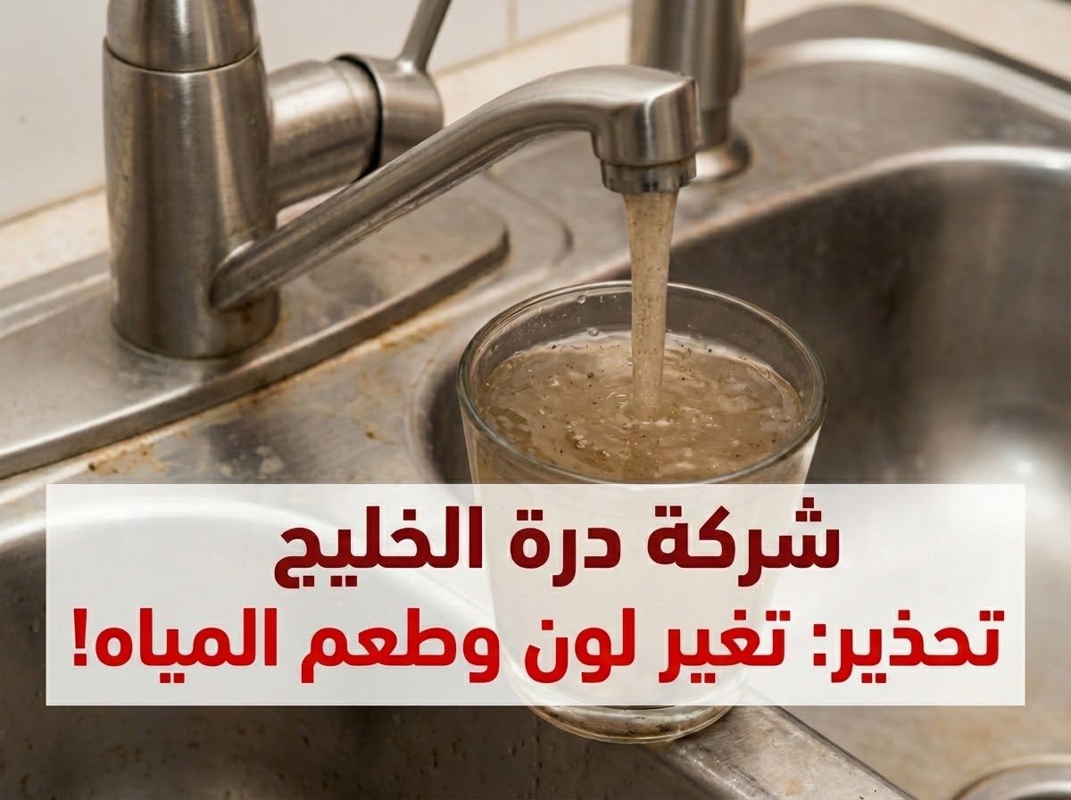 لقطة قريبة لمياه صنبور مطبخ متسخة ومعكرة باللون البني تتدفق في كوب زجاجي، ناتجة عن تسرب مياه الخزان الأرضي غير المعزول وتلوثه