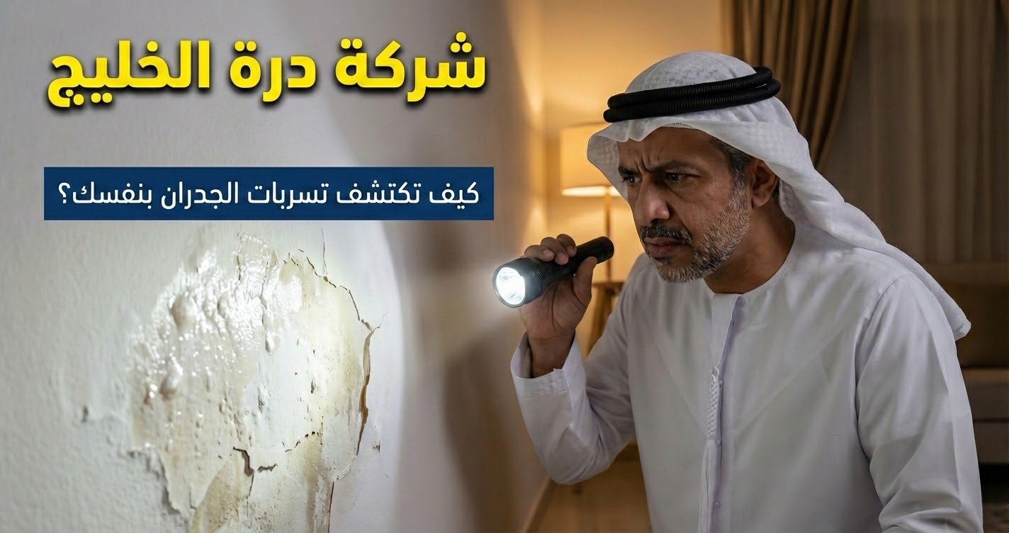 مواطن سعودي ينظر بقلق إلى بقعة رطوبة ودهان مقشر على جدار منزله في القصيم، موضحاً كيفية كشف تسربات المياه بالجدران بنفسك