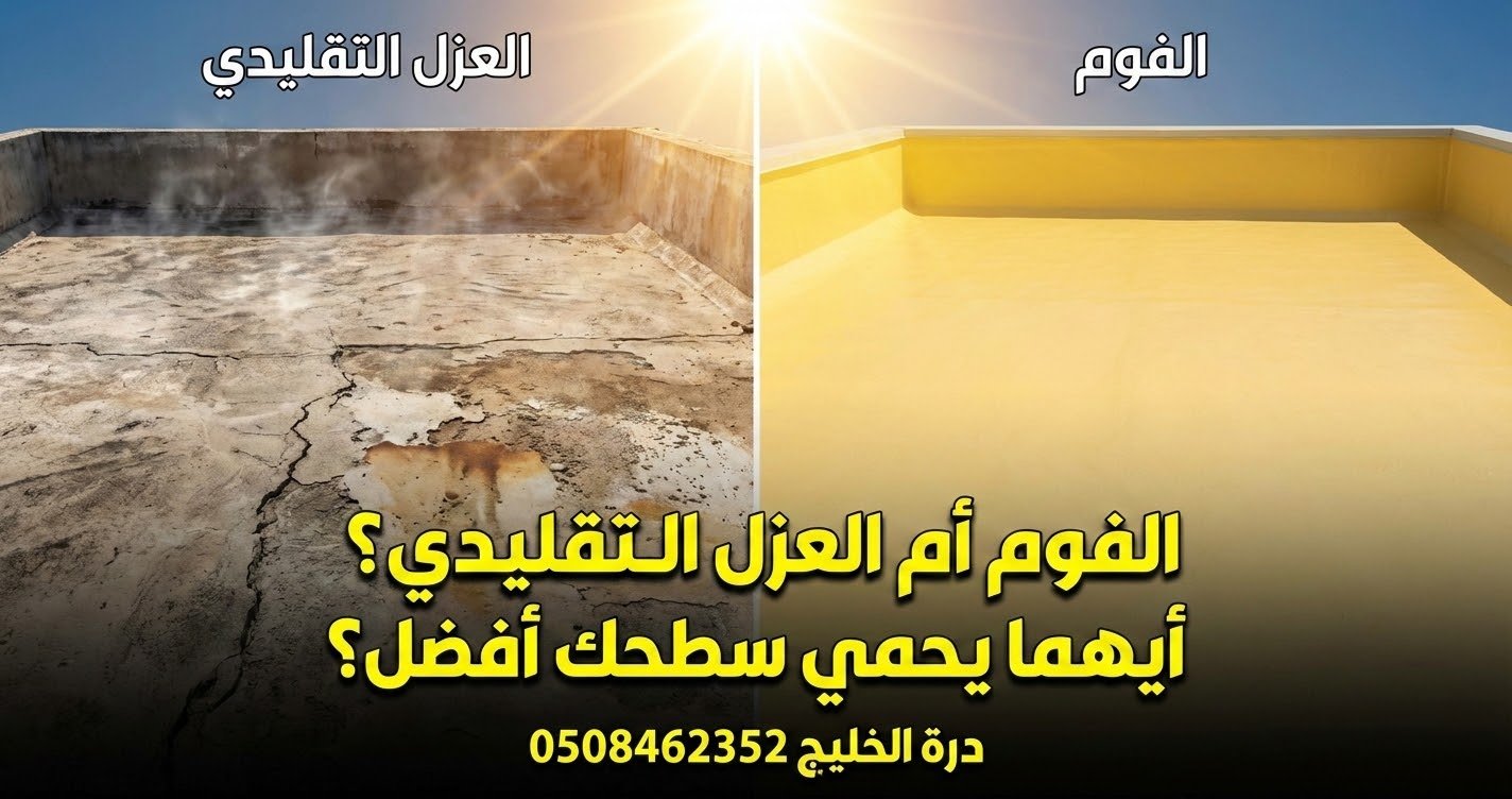 مقارنة بين عزل الفوم الأصفر وعزل الرولات الأسود على الأسطح الخرسانية في القصيم، موضحاً الفرق في التغطية وحماية الأسطح من الحرارة والأمطار