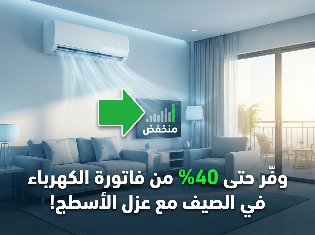 غرفة معيشة عربية باردة ومريحة تحت ضوء الشمس الساطع، مع تكييف هواء يعمل بكفاءة وسهم أخضر يشير إلى انخفاض فاتورة الكهرباء بسبب عزل الأسطح