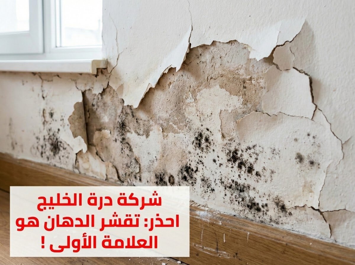 لقطة قريبة توضح تآكل الدهان الأبيض وتساقطه وظهور العفن الأسود على جدار داخلي