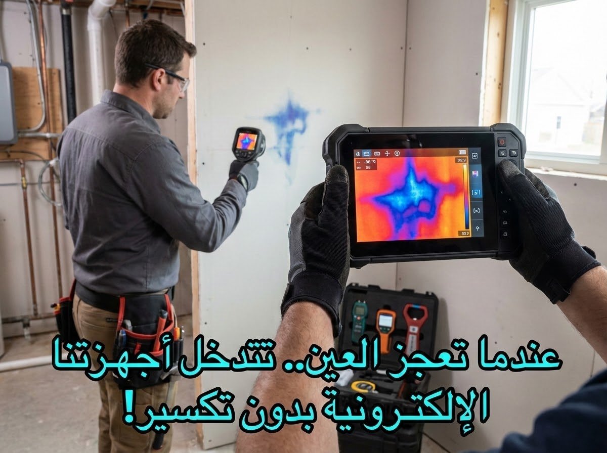جهاز كشف تسربات المياه بالكاميرا الحرارية يظهر بقعة زرقاء باردة داخل جدار، مستخدم من قبل شركة درة الخليج بالقصيم