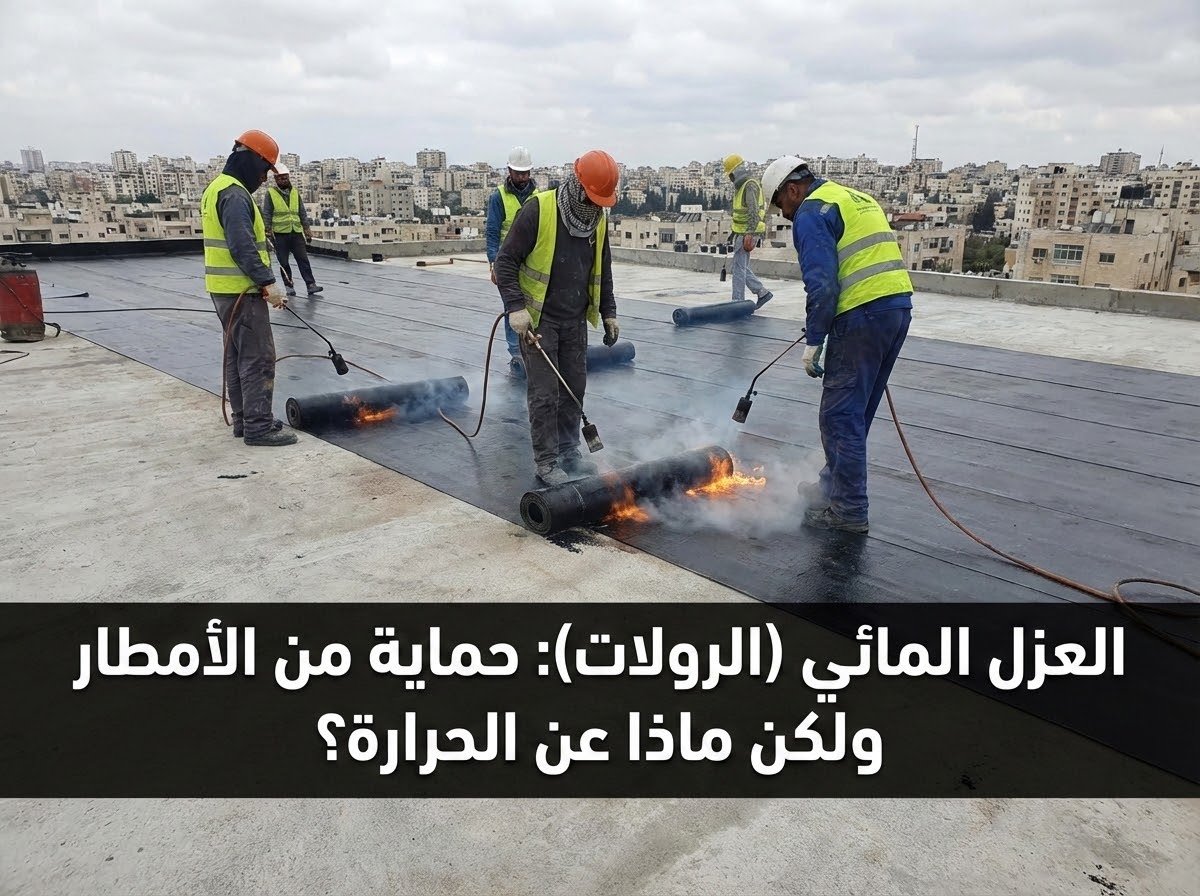 عمال يقومون بتطبيق رولات العزل المائي الأسود على سطح خرساني باستخدام اللهب في القصيم