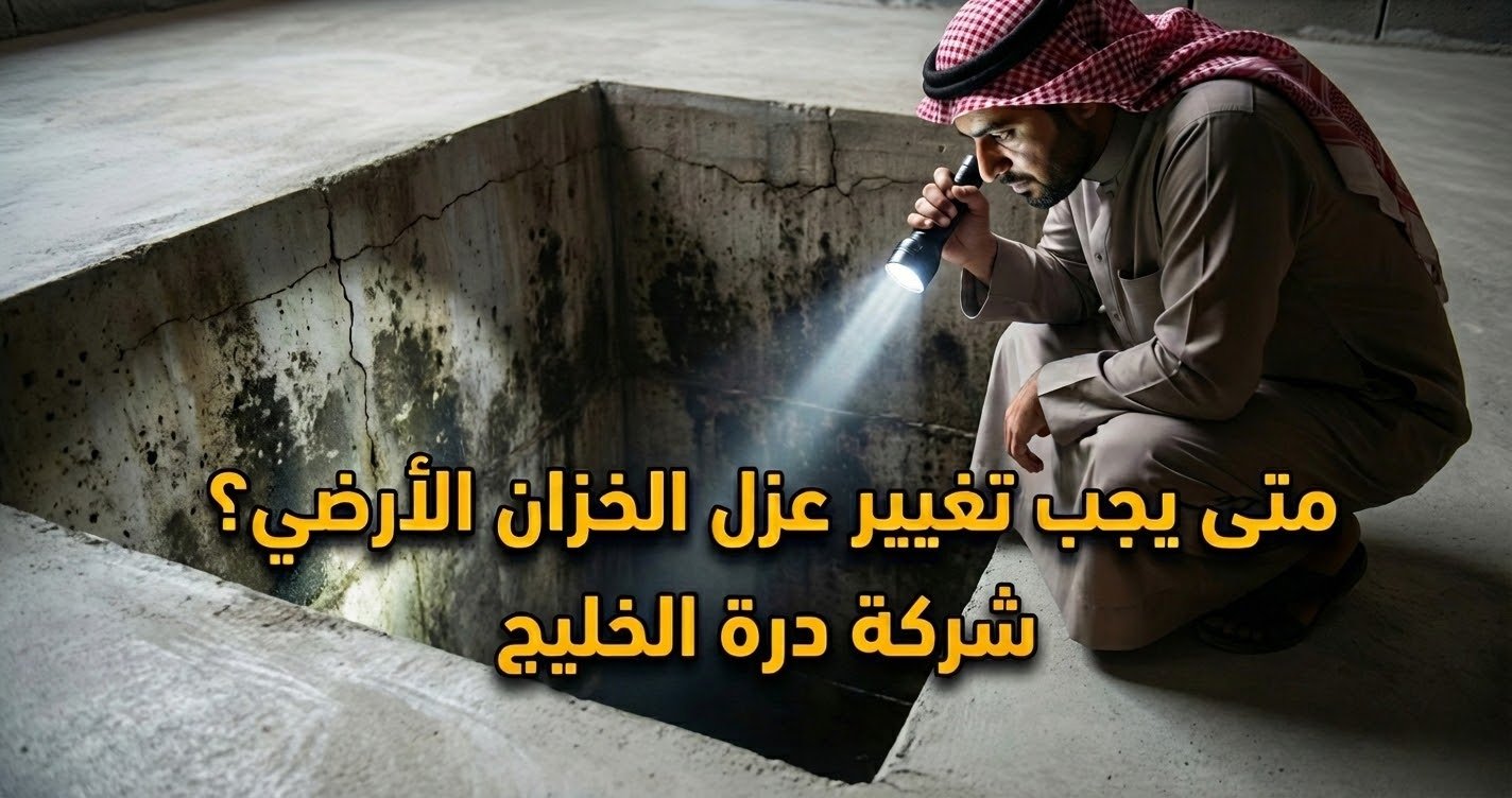 صاحب منزل ينظر في خزان مياه أرضي خرساني مكسور باستخدام كشاف، موضحاً الحاجة لعزل الخزانات في القصيم لدى شركة درة الخليج