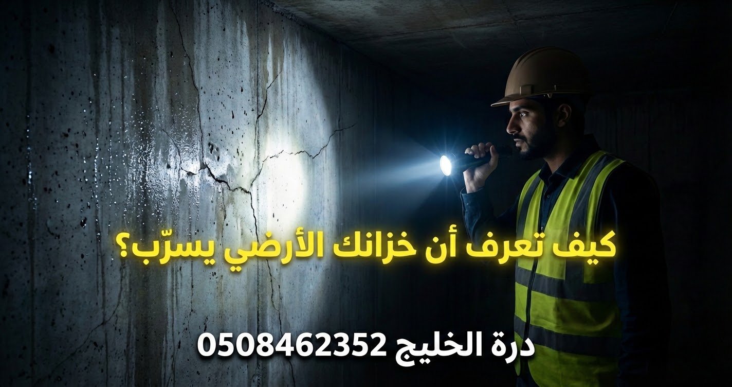 فني عربي يستخدم كشافاً لفحص خزان مياه أرضي خرساني مظلم بحثاً عن تسربات المياه في القصيم