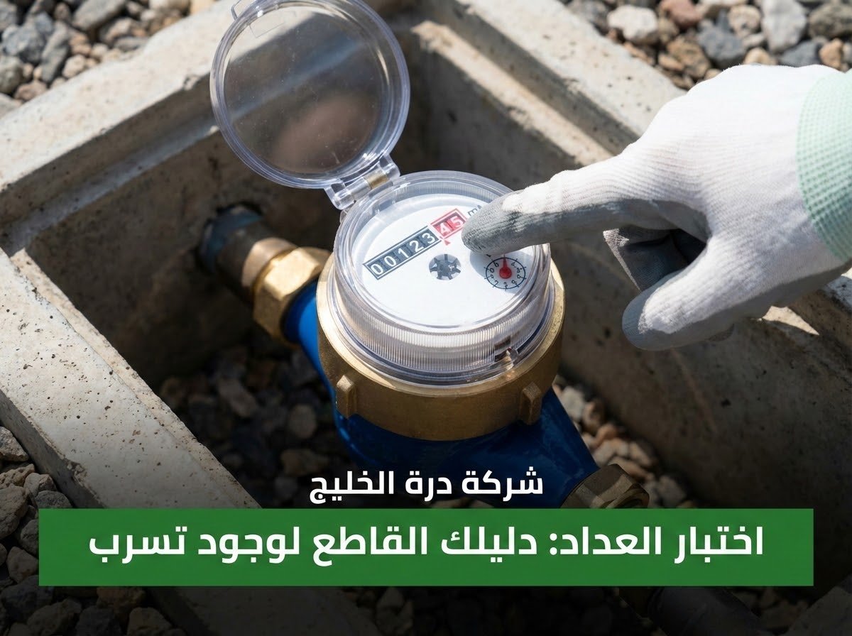 يد مهندس من شركة درة الخليج تشير إلى الأرقام الحمراء في عداد مياه منزلي خارجي أثناء فحص تسربات المياه بالقصيم