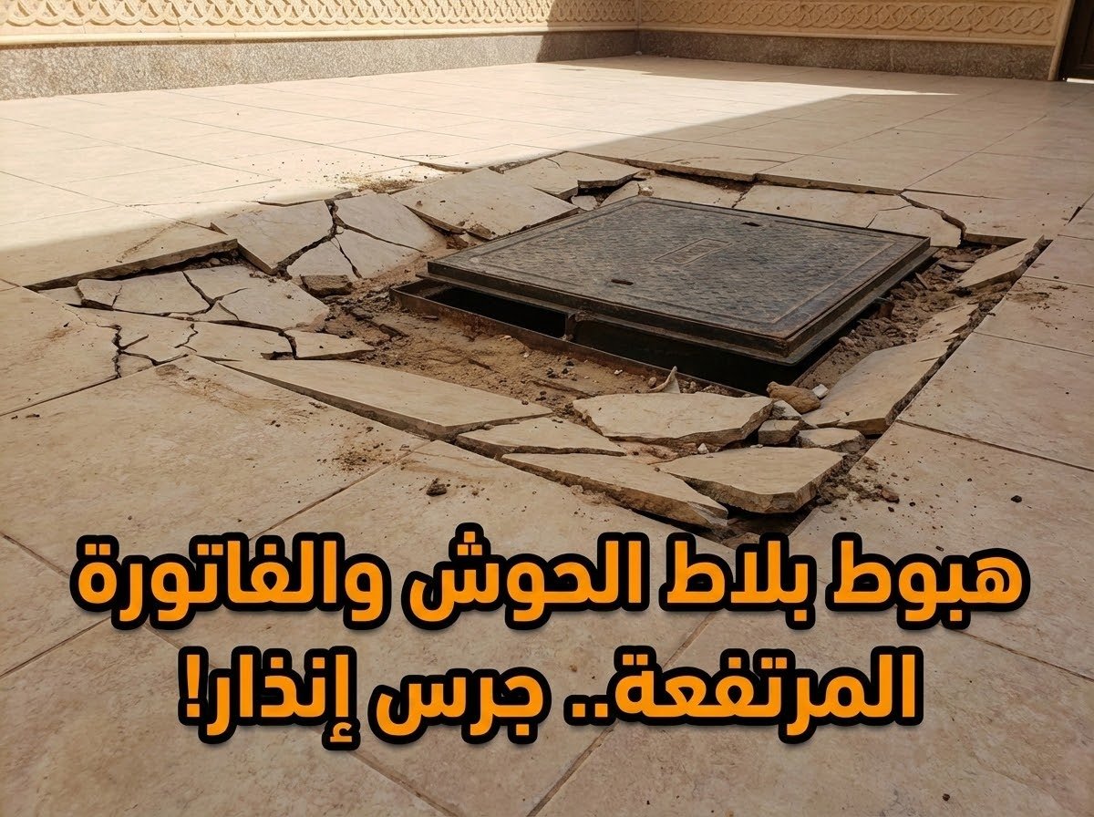 هبوط وتكسر بلاط الحوش الخارجي لمنزل حديث حول غطاء خزان مياه أرضي مغلق، ناتج عن تسرب مياه الخزان
